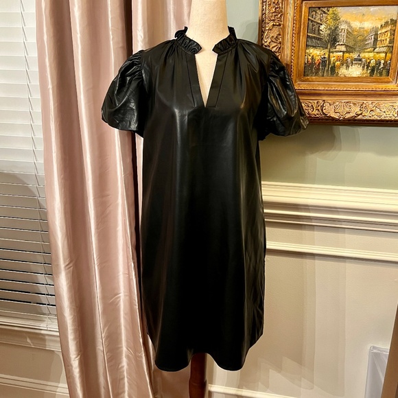 entro Dresses & Skirts - NWOT Entro Black Faux Leather Vegan A-Line Ruffle Neck Puff Sleeve Dress LARGE